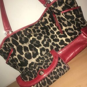 Authentic Coach Red Leather Ocelot Tote w/ Wallet